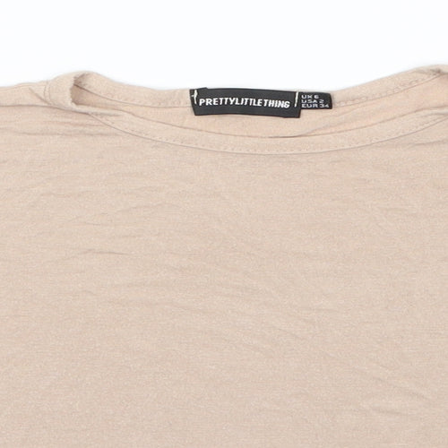 PRETTYLITTLETHING Womens Beige  Viscose Basic T-Shirt Size 6 Round Neck - Mocha colour Turn ups on sleeve