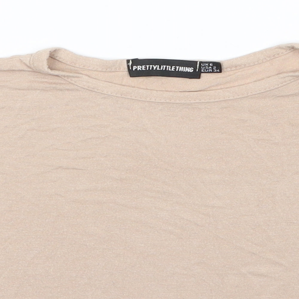 PRETTYLITTLETHING Womens Beige  Viscose Basic T-Shirt Size 6 Round Neck - Mocha colour Turn ups on sleeve