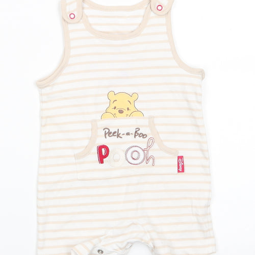 Disney by George Baby White Animal Print Cotton Romper One-Piece Size 3-6 Months  Snap - Light beige stripe trim Peek-a-Boo Pooh