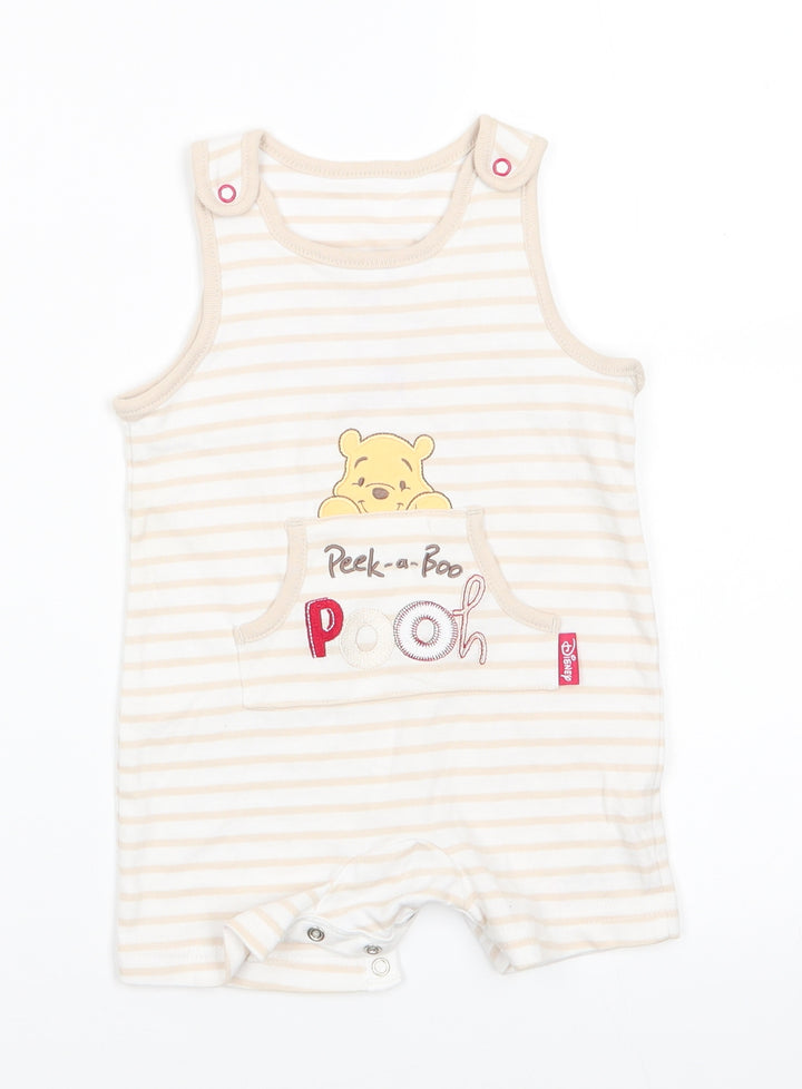 Disney by George Baby White Animal Print Cotton Romper One-Piece Size 3-6 Months  Snap - Light beige stripe trim Peek-a-Boo Pooh
