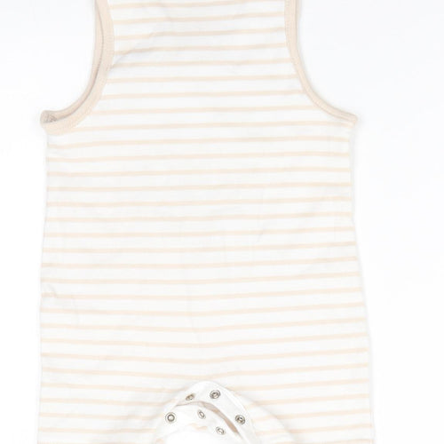 Disney by George Baby White Animal Print Cotton Romper One-Piece Size 3-6 Months  Snap - Light beige stripe trim Peek-a-Boo Pooh