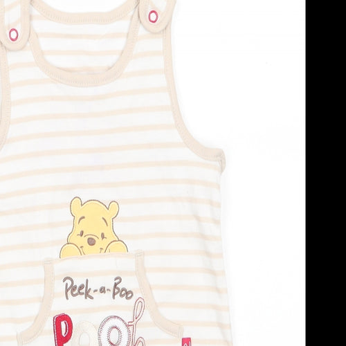 Disney by George Baby White Animal Print Cotton Romper One-Piece Size 3-6 Months  Snap - Light beige stripe trim Peek-a-Boo Pooh