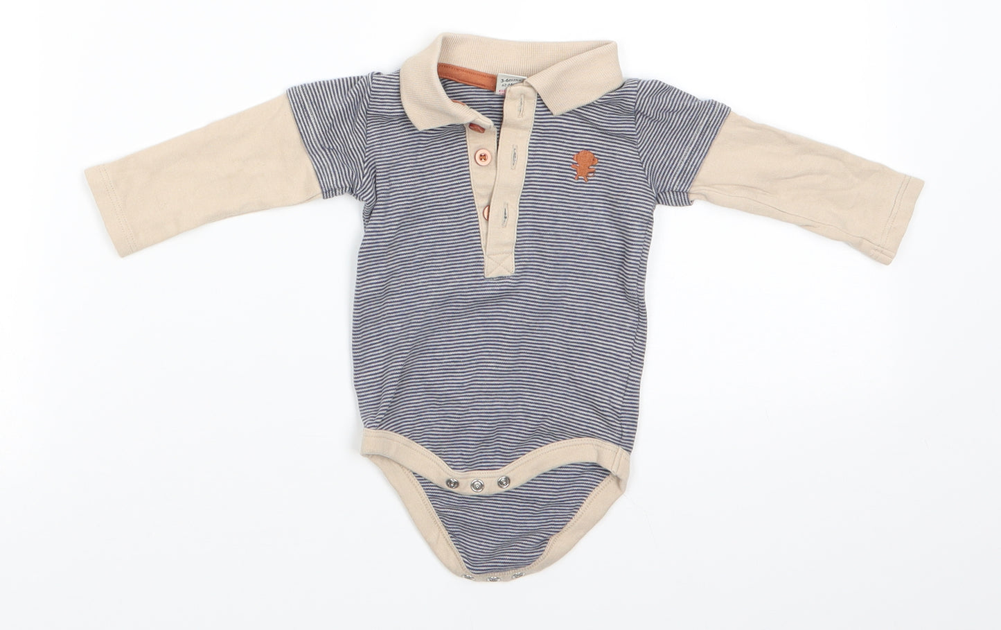 TU Boys Blue Striped Cotton Romper One-Piece Size 3-6 Months  Snap - Blue stripe body Beige Arms collar & trim Monkey motif