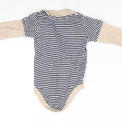 TU Boys Blue Striped Cotton Romper One-Piece Size 3-6 Months  Snap - Blue stripe body Beige Arms collar & trim Monkey motif