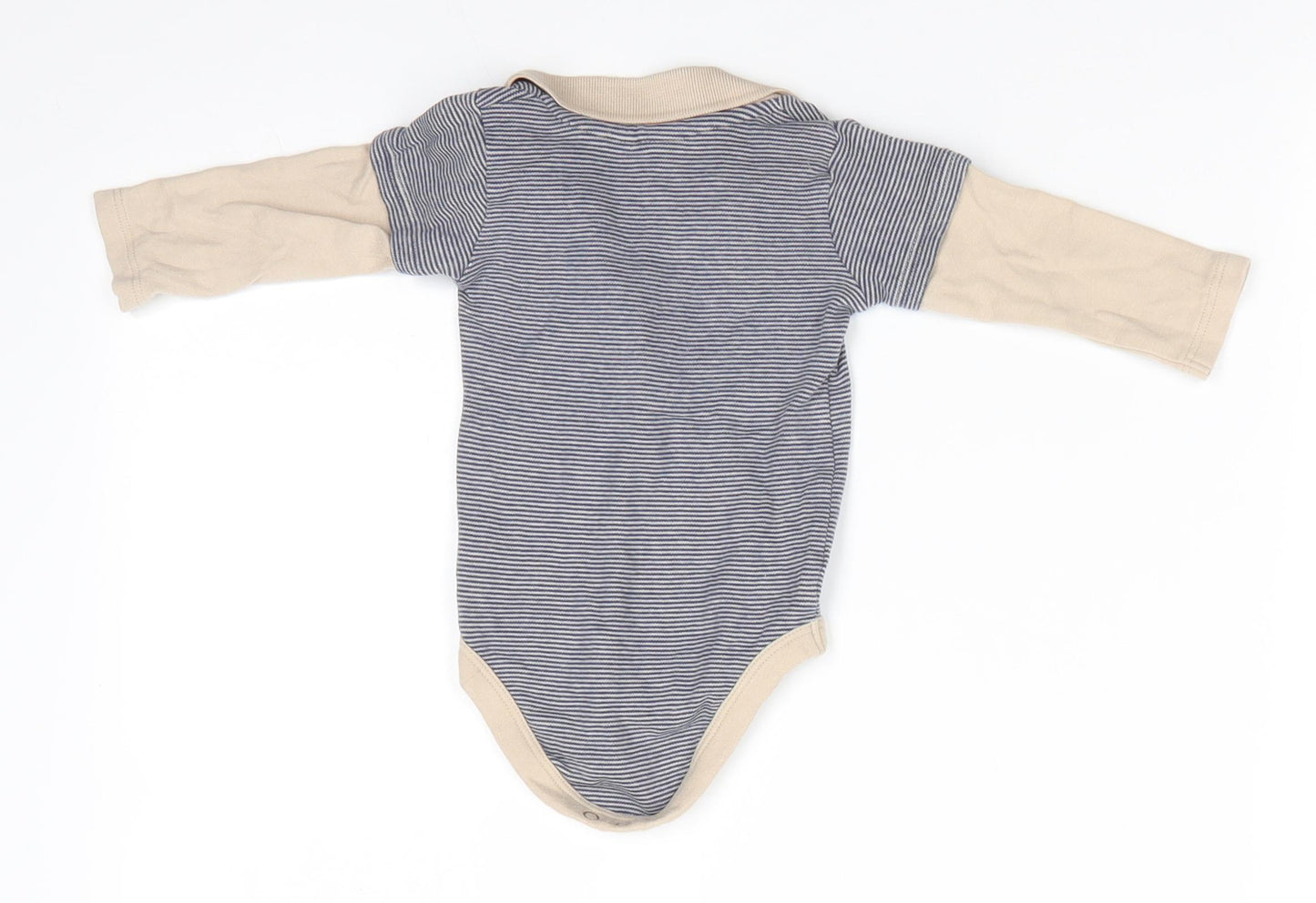 TU Boys Blue Striped Cotton Romper One-Piece Size 3-6 Months  Snap - Blue stripe body Beige Arms collar & trim Monkey motif