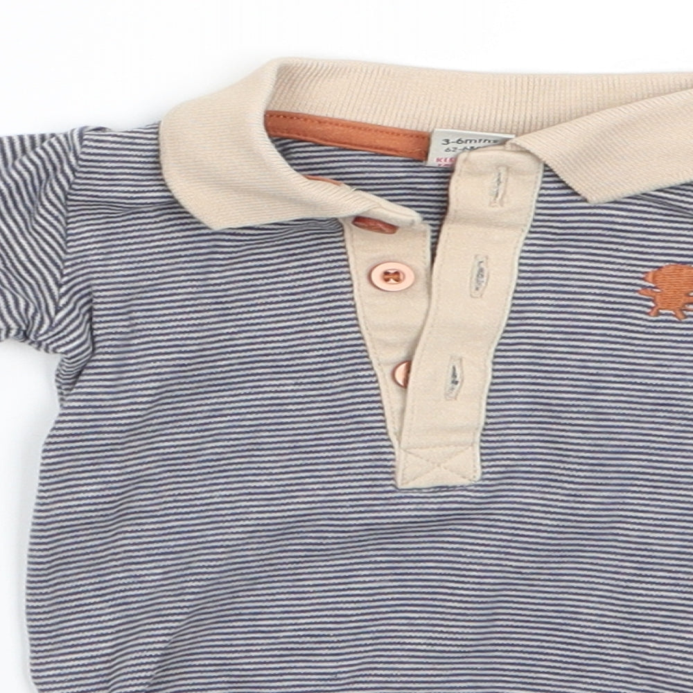 TU Boys Blue Striped Cotton Romper One-Piece Size 3-6 Months  Snap - Blue stripe body Beige Arms collar & trim Monkey motif
