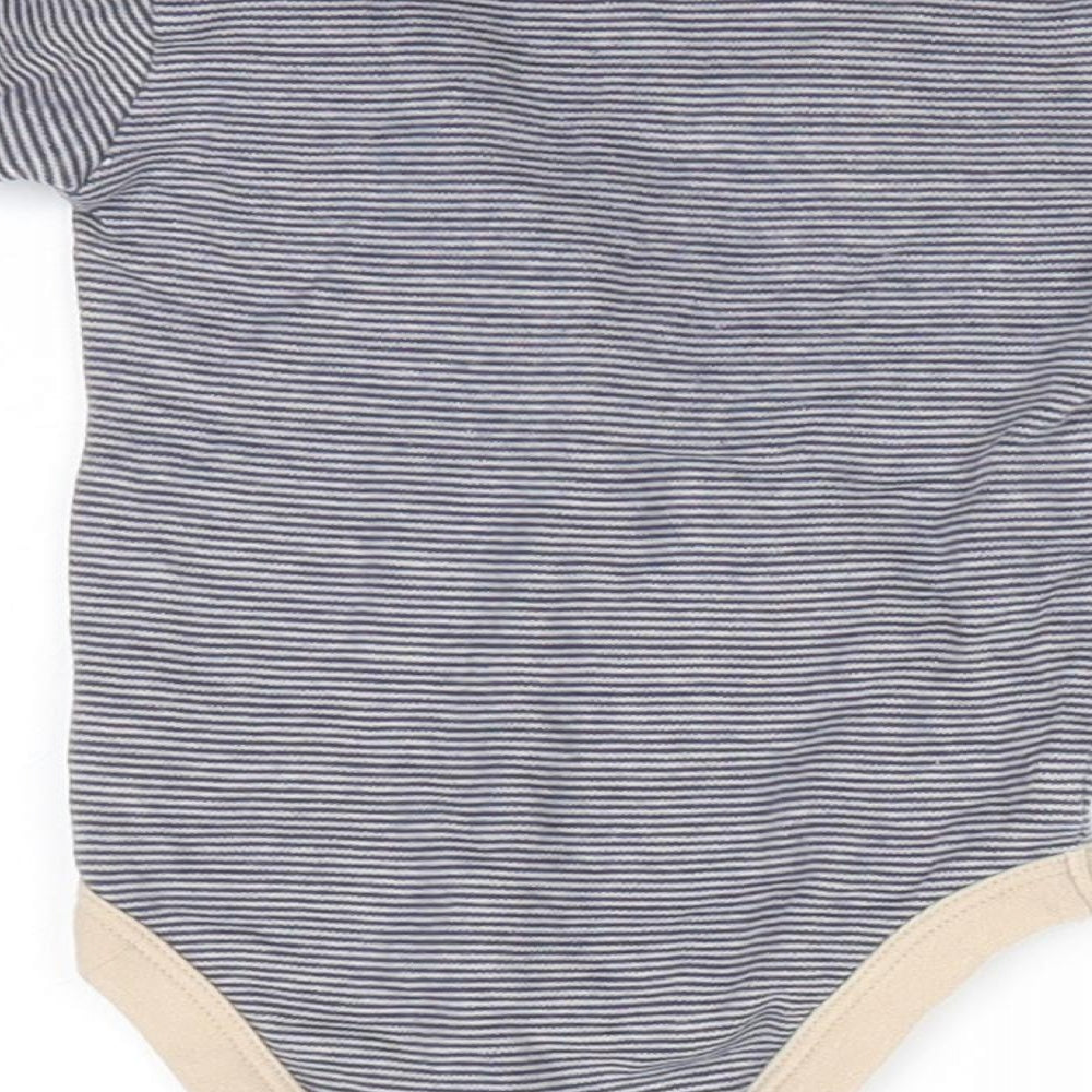 TU Boys Blue Striped Cotton Romper One-Piece Size 3-6 Months  Snap - Blue stripe body Beige Arms collar & trim Monkey motif
