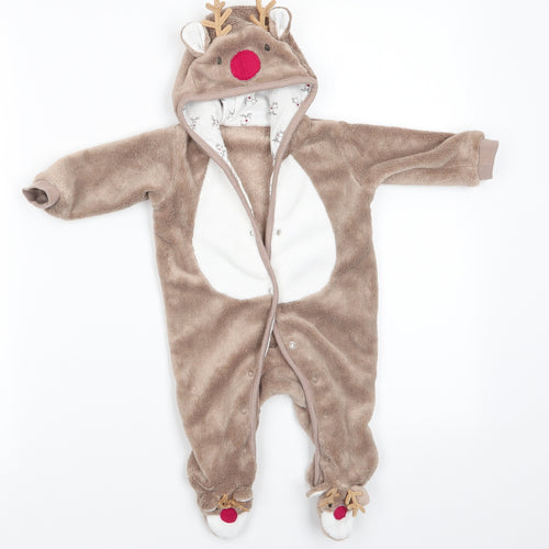 TU Boys Brown Animal Print Polyester Babygrow One-Piece Size 0-3 Months  Snap - Reindeer Face Hood & Feet