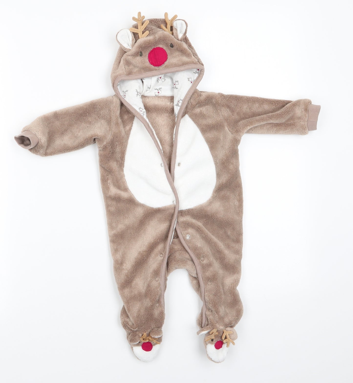 TU Boys Brown Animal Print Polyester Babygrow One-Piece Size 0-3 Months  Snap - Reindeer Face Hood & Feet