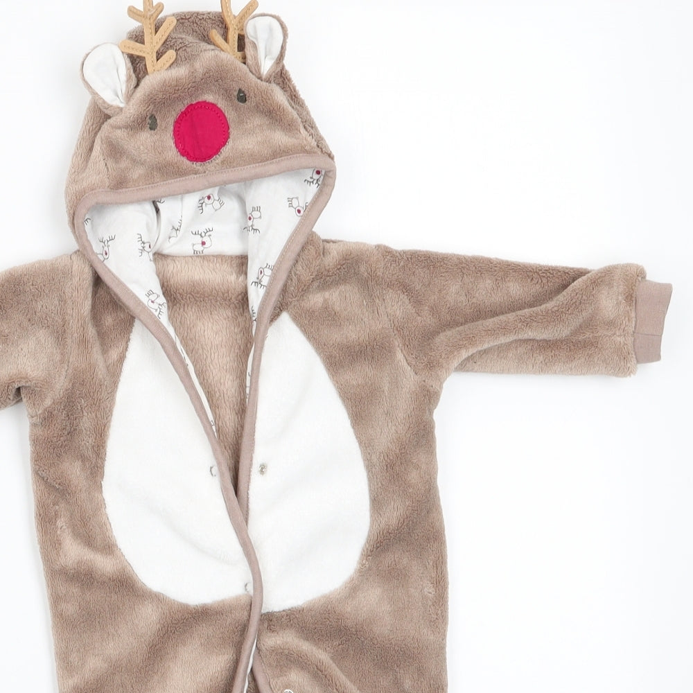 TU Boys Brown Animal Print Polyester Babygrow One-Piece Size 0-3 Months  Snap - Reindeer Face Hood & Feet