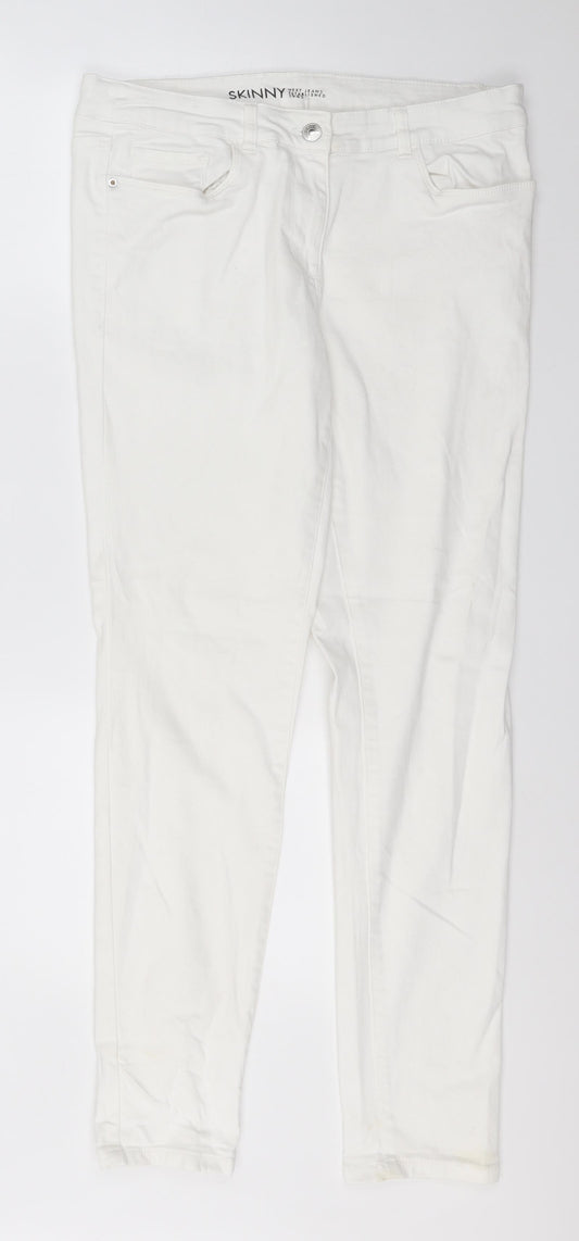 Front view of Next women’s white cotton skinny jeans, size UK 12, 29-inch leg regular
