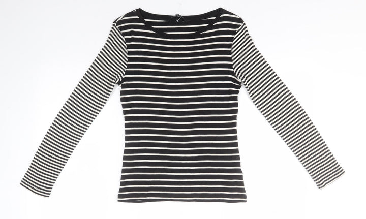 Debenhams Womens Black Round Neck Striped Cotton Pullover Jumper Size 10