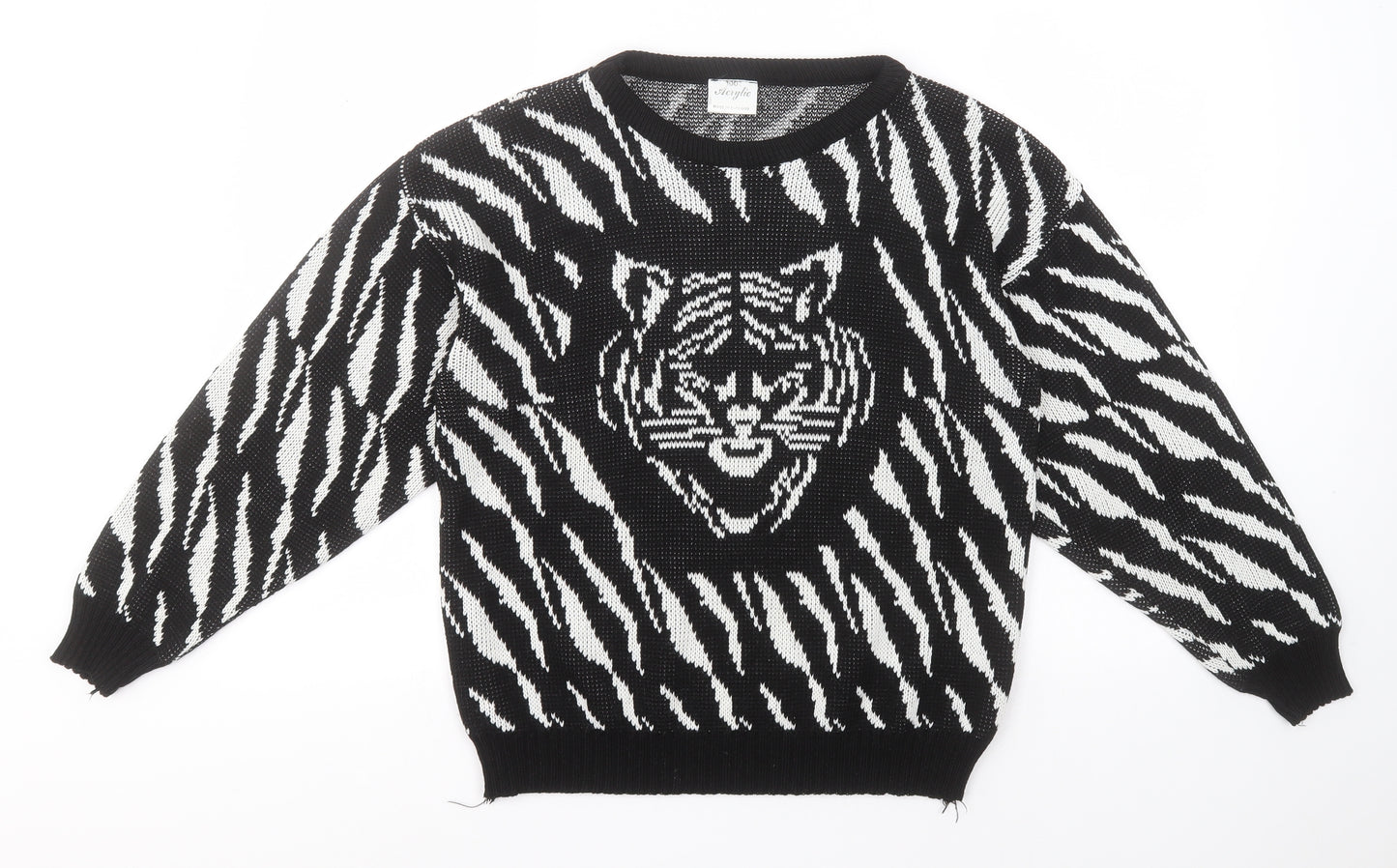 Preworn Womens Black Round Neck Animal Print Acrylic Pullover Jumper    - Tiger