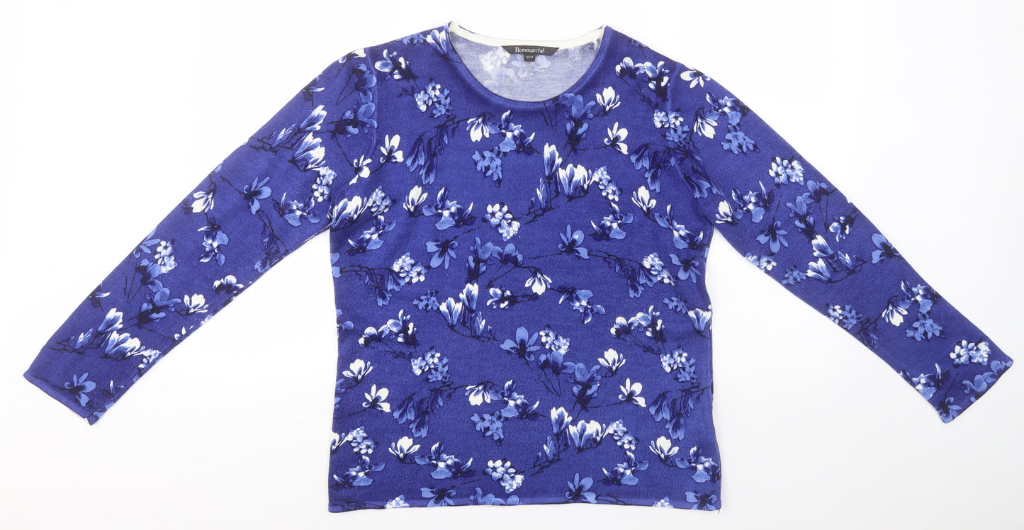 Bonmarché Womens Blue Round Neck Floral Acrylic Pullover Jumper Size 12