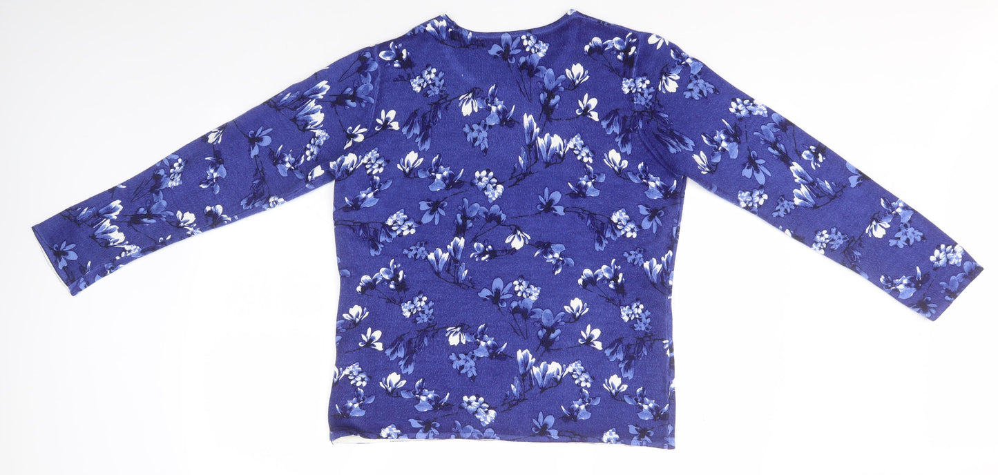 Bonmarché Womens Blue Round Neck Floral Acrylic Pullover Jumper Size 12