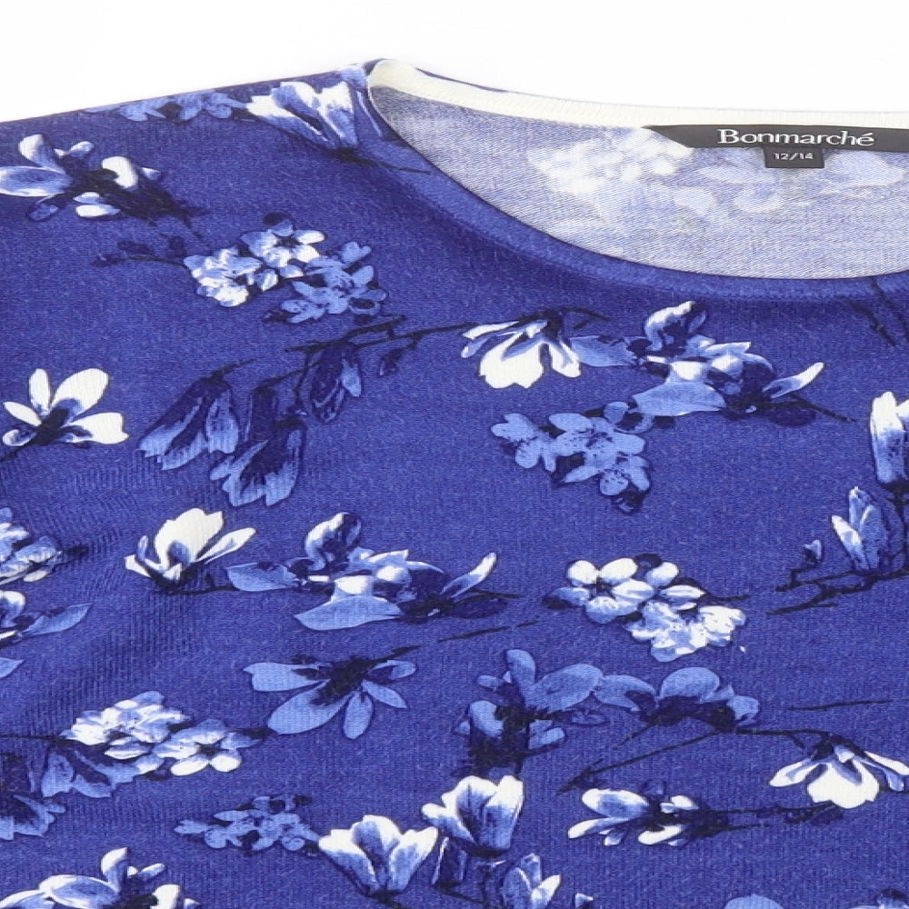 Bonmarché Womens Blue Round Neck Floral Acrylic Pullover Jumper Size 12
