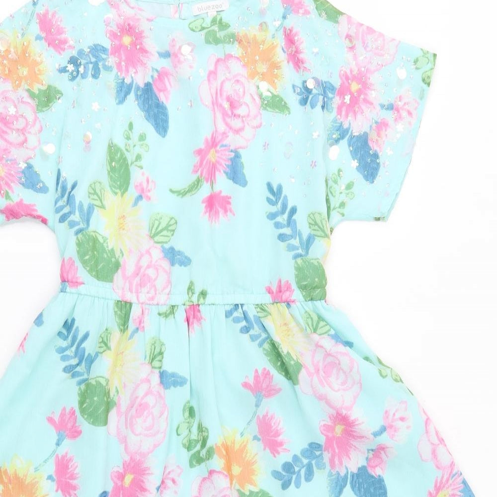 bluezoo Girls Blue Floral Polyester A-Line  Size 11 Years  Round Neck