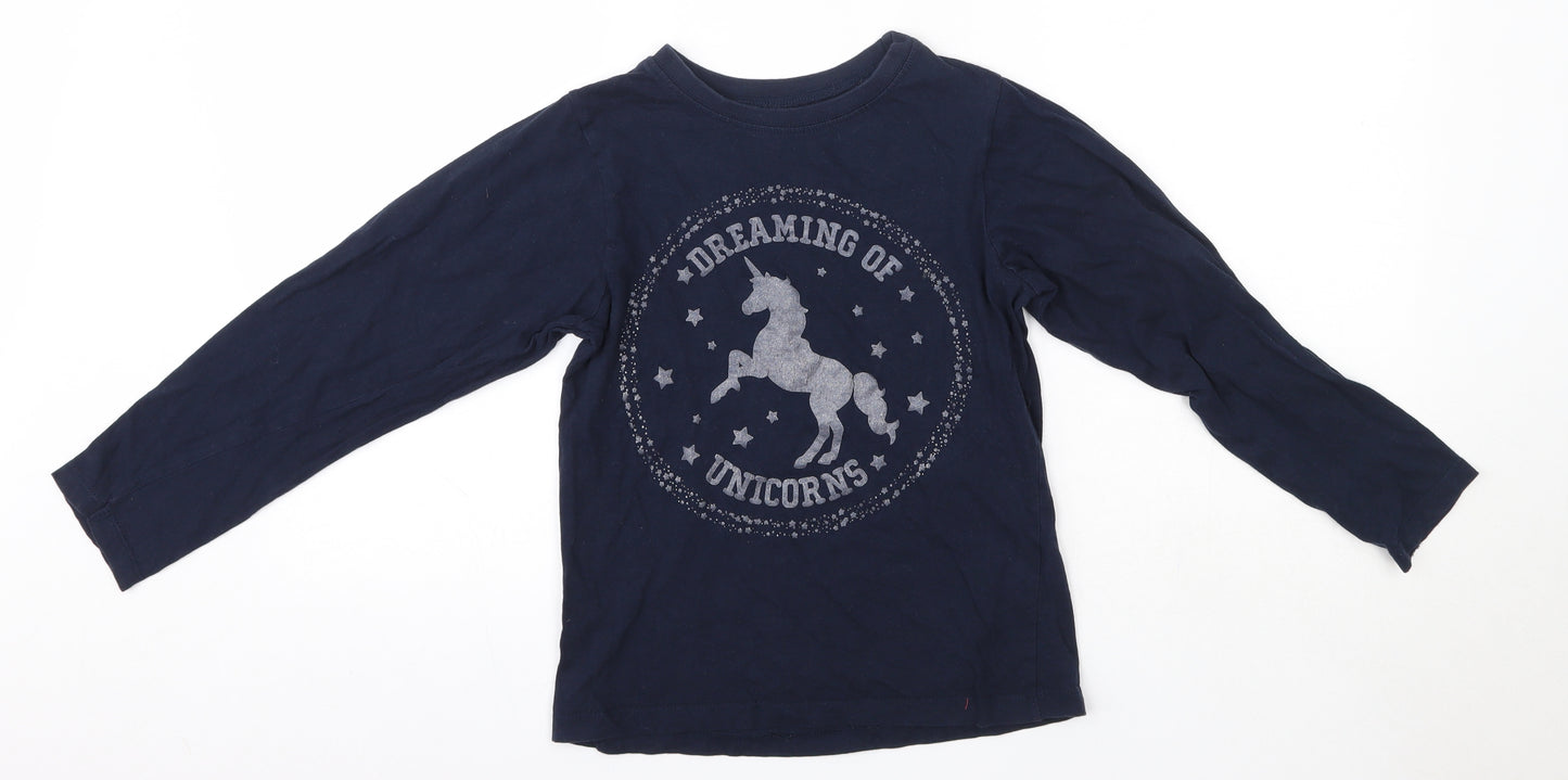 Preworn Girls Blue  100% Cotton Basic Blouse Size 10-11 Years Round Neck  - Unicorns