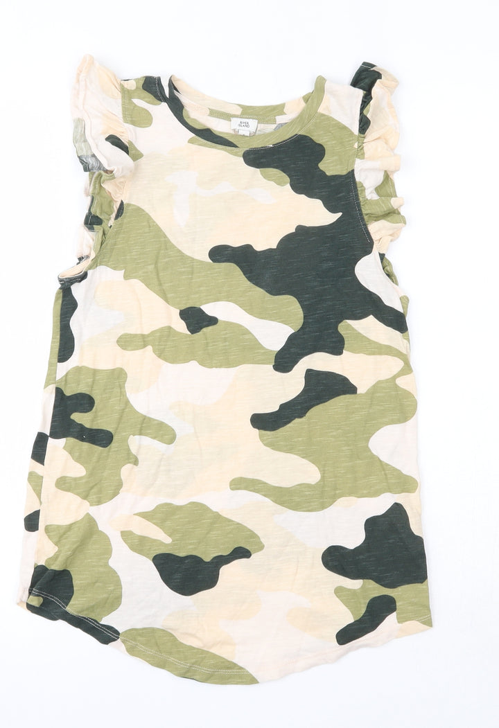 River Island Womens Multicoloured Camouflage 100% Cotton Basic Blouse Size 6 Round Neck