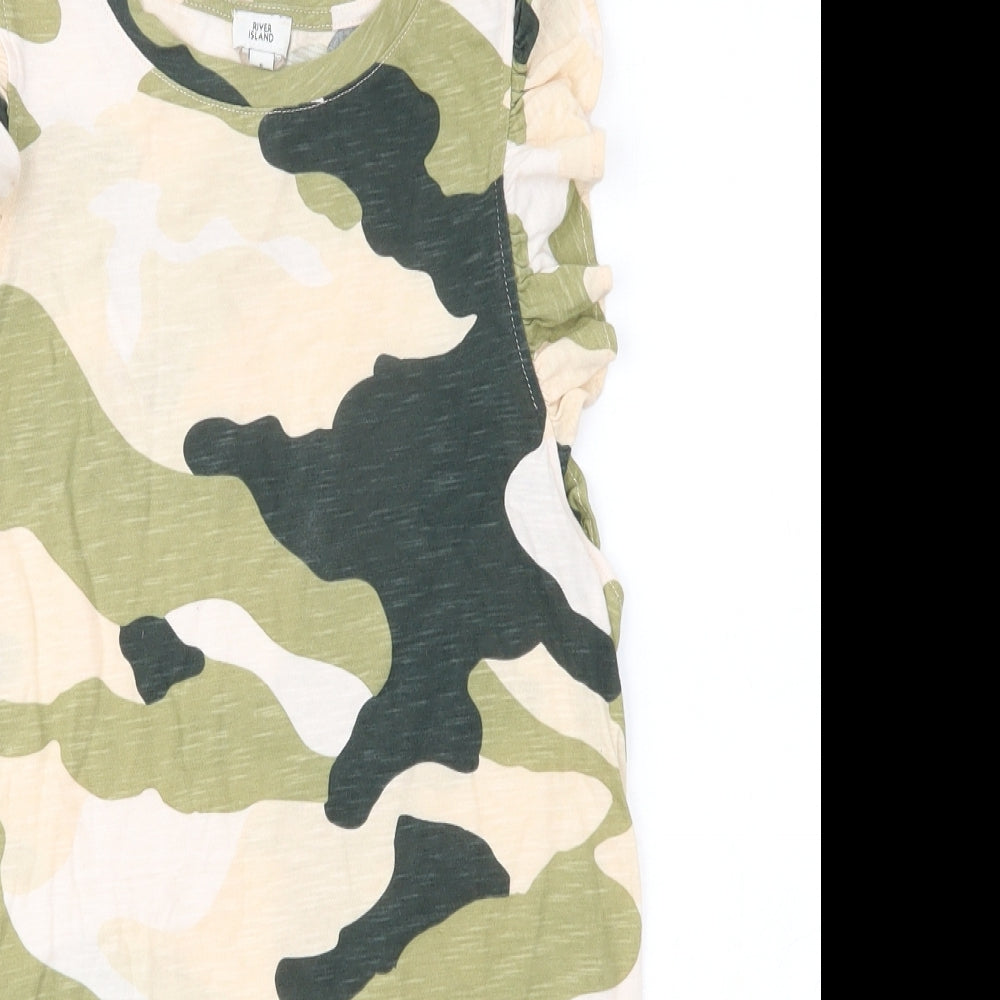 River Island Womens Multicoloured Camouflage 100% Cotton Basic Blouse Size 6 Round Neck