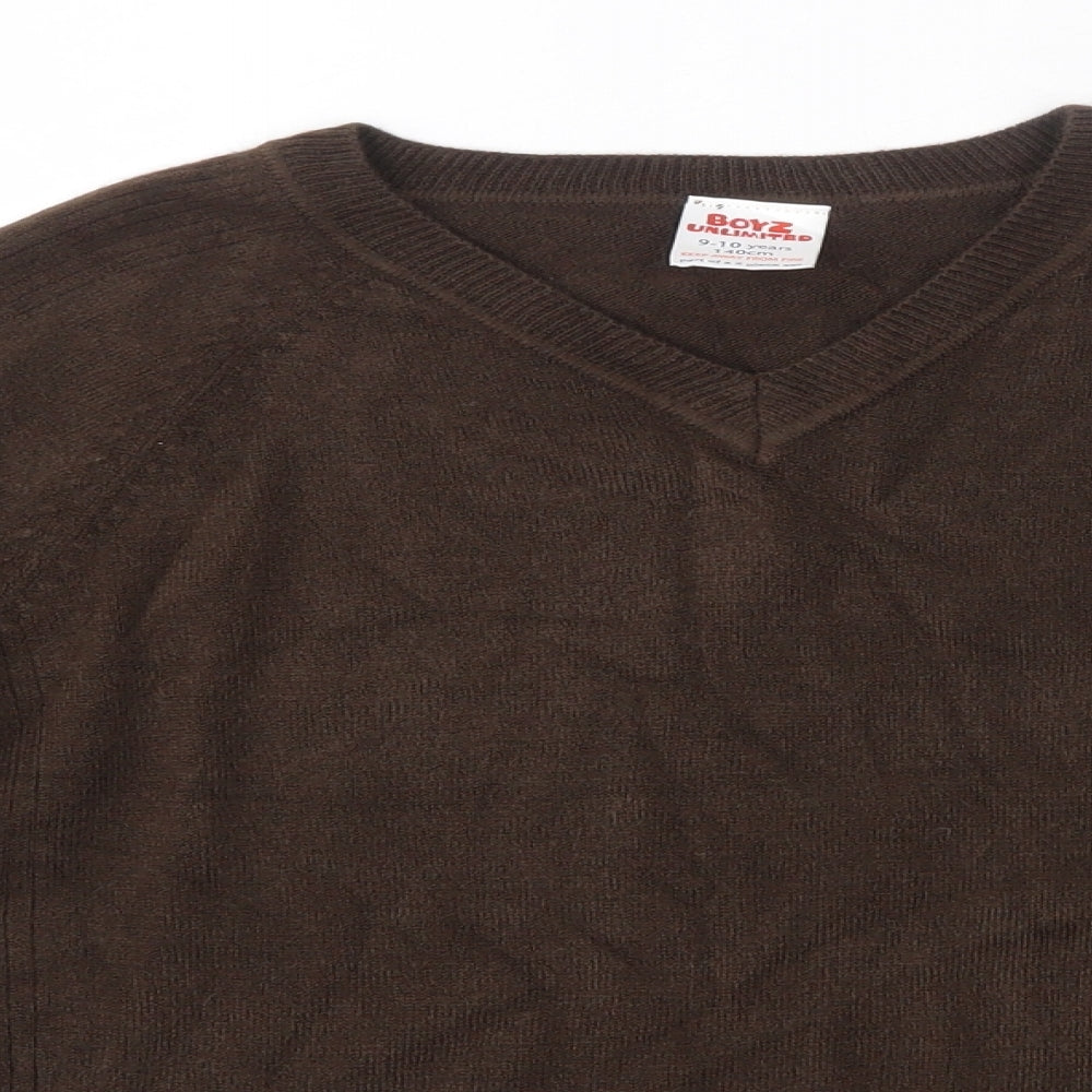 Boyz Unlimited Boys Brown V-Neck  Acrylic Pullover Jumper Size 9-10 Years