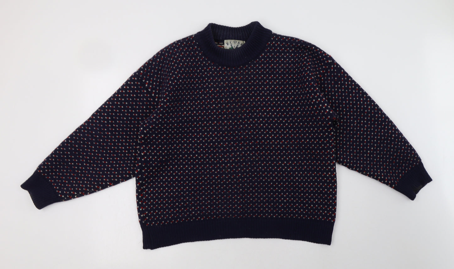 Ecoss Womens Blue Crew Neck Geometric Wool Pullover Jumper Size M
