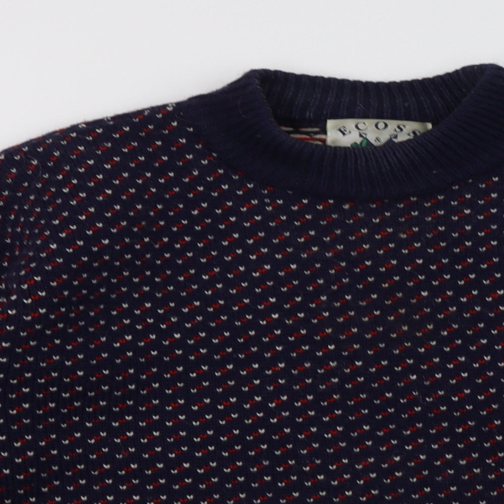 Ecoss Womens Blue Crew Neck Geometric Wool Pullover Jumper Size M