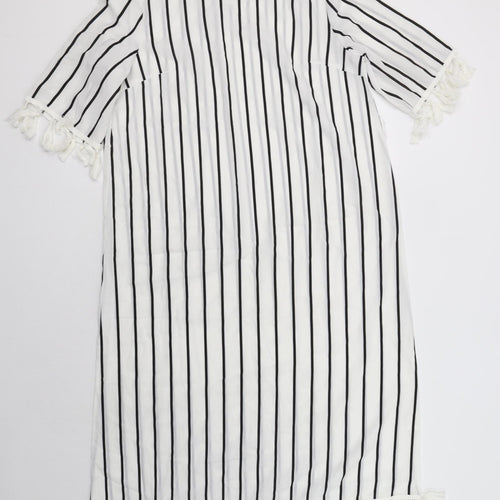 SheIn Womens White Striped Polyester A-Line  Size L  Crew Neck Button