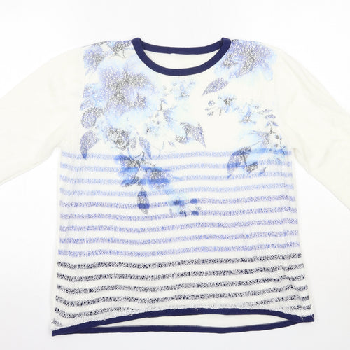 Preworn Womens Blue Round Neck Floral Acrylic Pullover Jumper Size M   - Striped