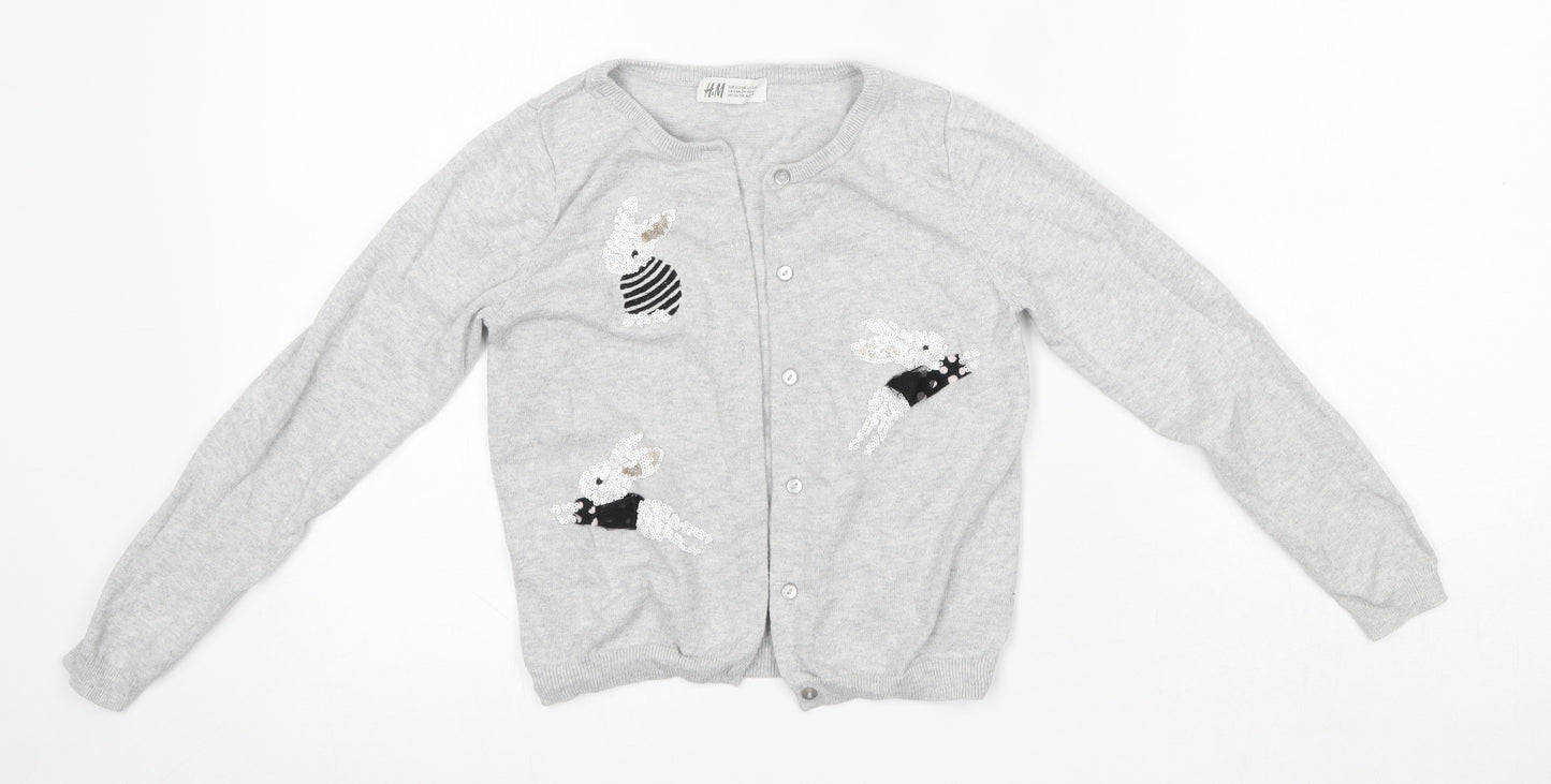 H&M Girls Grey Round Neck  100% Cotton Cardigan Jumper Size 7-8 Years
