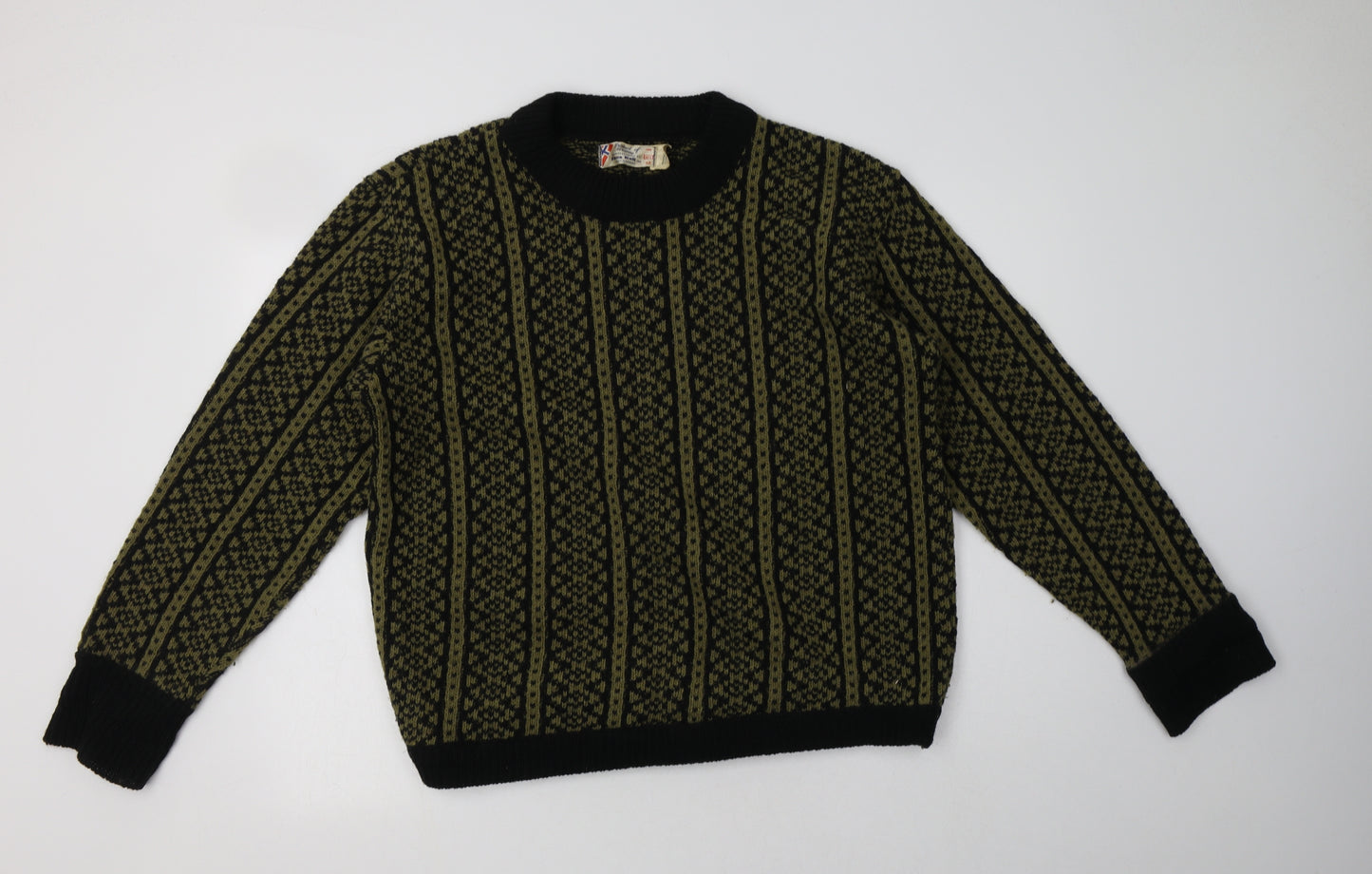 Fana knit Mens Green Crew Neck Geometric Wool Pullover Jumper Size L