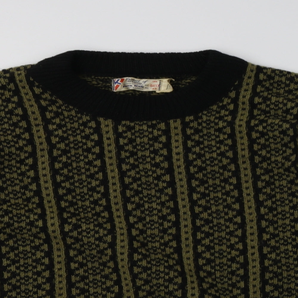 Fana knit Mens Green Crew Neck Geometric Wool Pullover Jumper Size L
