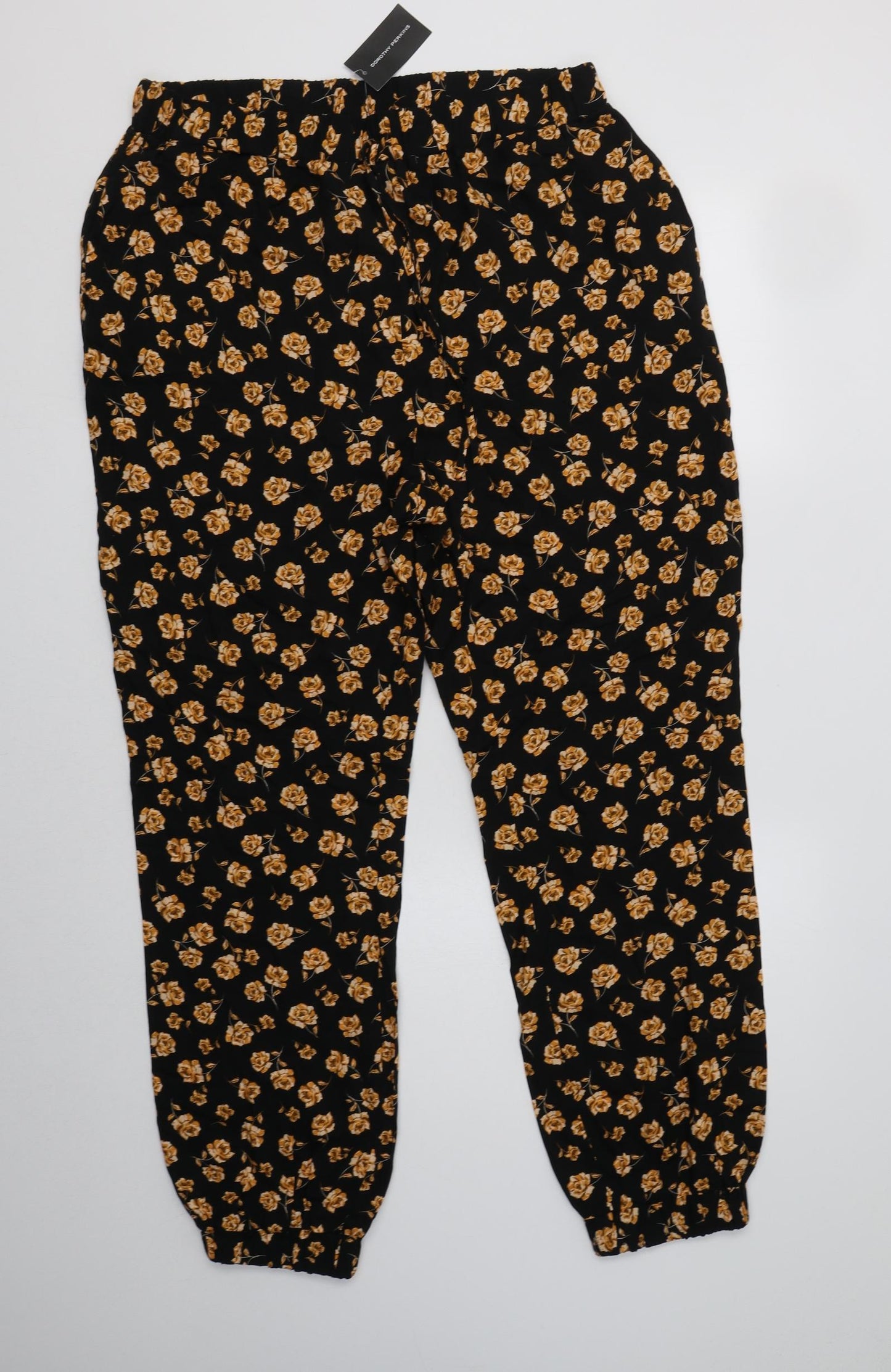 Dorothy Perkins Womens Black Floral Viscose Trousers  Size 14 L31 in Regular Drawstring