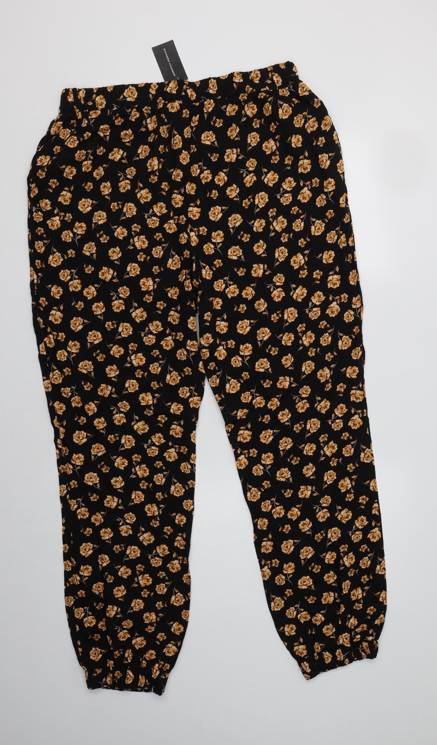 Dorothy Perkins Womens Black Floral Viscose Trousers  Size 14 L31 in Regular Drawstring
