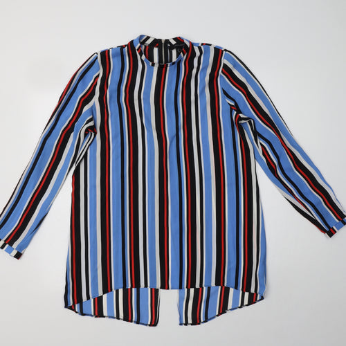 Primark Womens Blue Striped Polyester Basic Blouse Size 12 Mock Neck