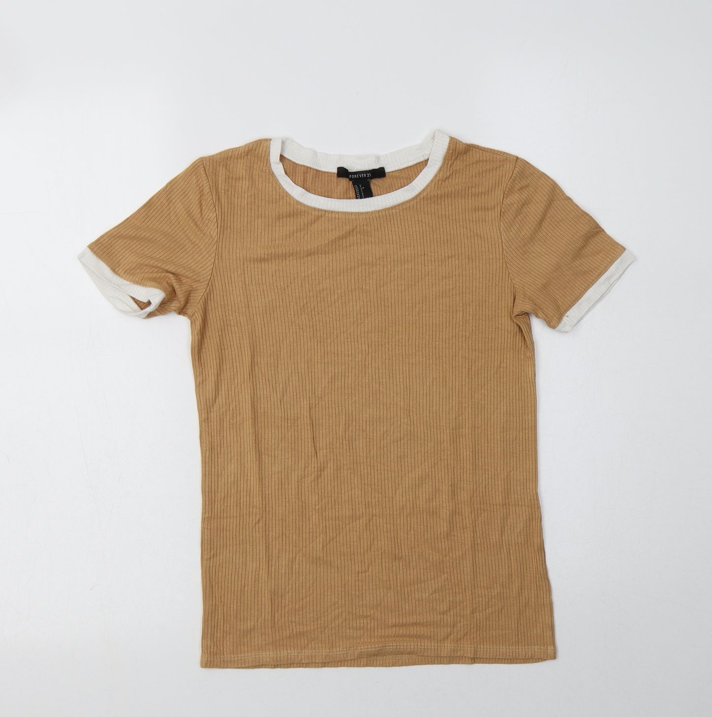 FOREVER 21 Womens Beige   Ringer T-Shirt Size S Crew Neck