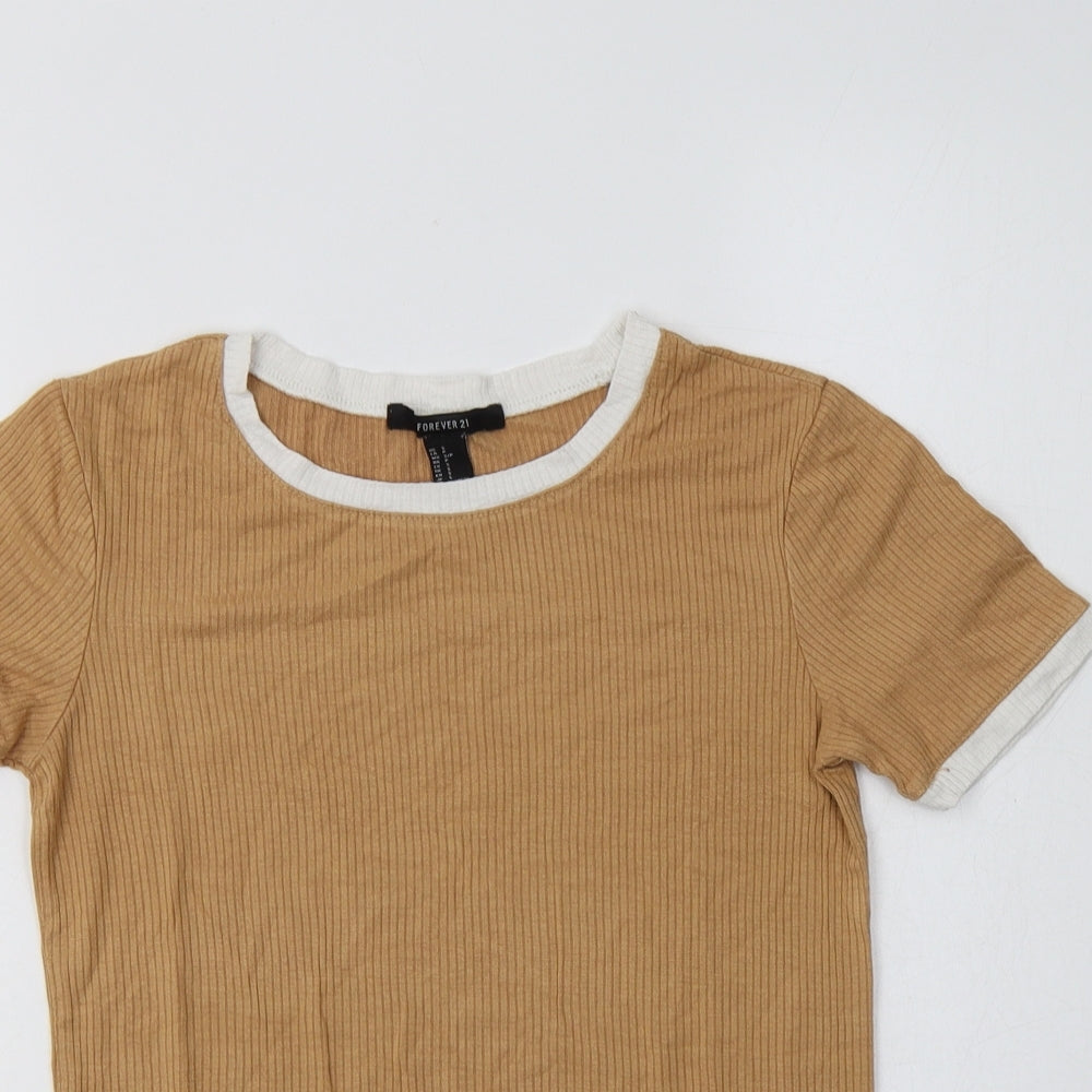 FOREVER 21 Womens Beige   Ringer T-Shirt Size S Crew Neck