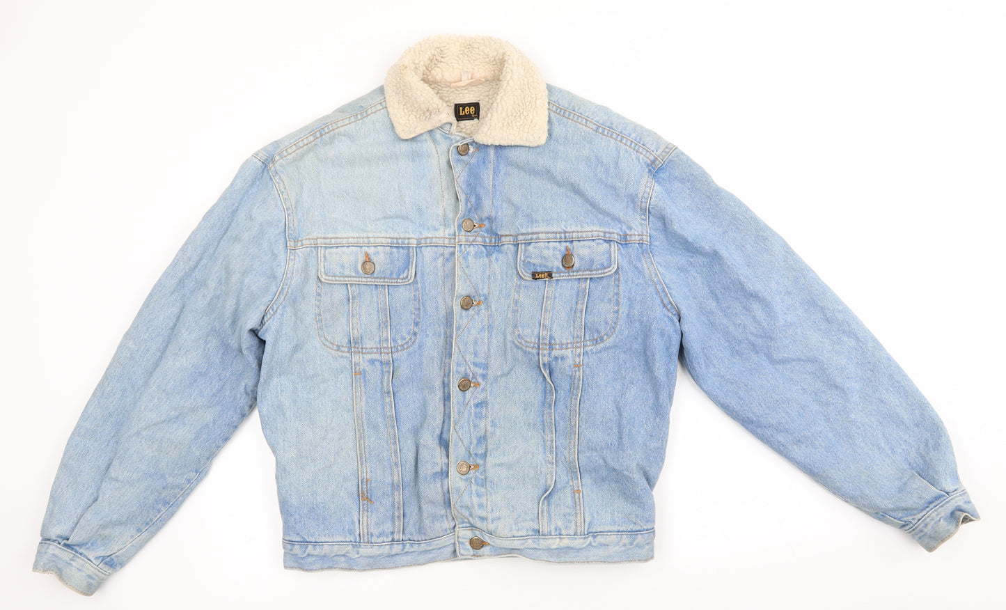 Lee Mens Blue   Motorcycle Jacket Coat Size S  Button - Faux Sheep Fur lined Denim Jacket