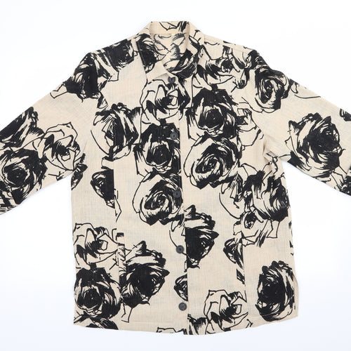 Preworn - no label Womens Beige Floral Polyester Basic Button-Up Size 14 Collared - Black print Overshirt Open weave fabric