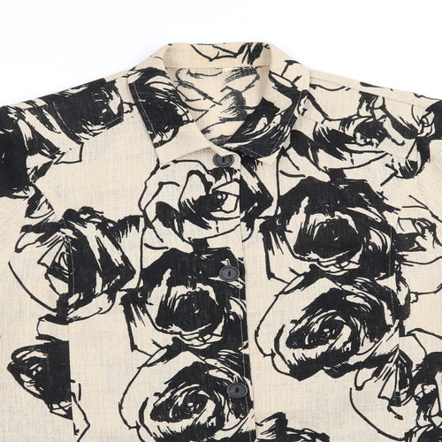 Preworn - no label Womens Beige Floral Polyester Basic Button-Up Size 14 Collared - Black print Overshirt Open weave fabric
