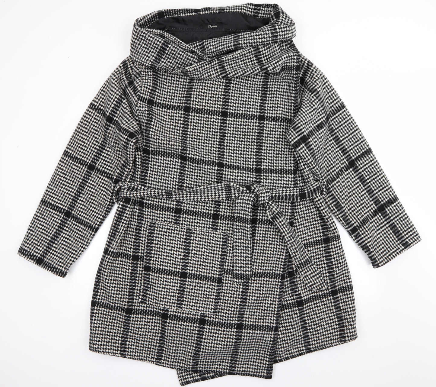Elegance Womens Black Houndstooth  Overcoat Coat Size 20  Button - Wrap Style Coat Wide Collar