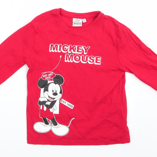 Disney Mickey Mouse Boys Red Animal Print Cotton Basic Casual Size 6-7 Years Round Neck Pullover - Good Vibes Only