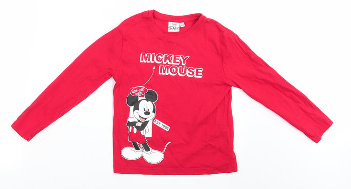 Disney Mickey Mouse Boys Red Animal Print Cotton Basic Casual Size 6-7 Years Round Neck Pullover - Good Vibes Only