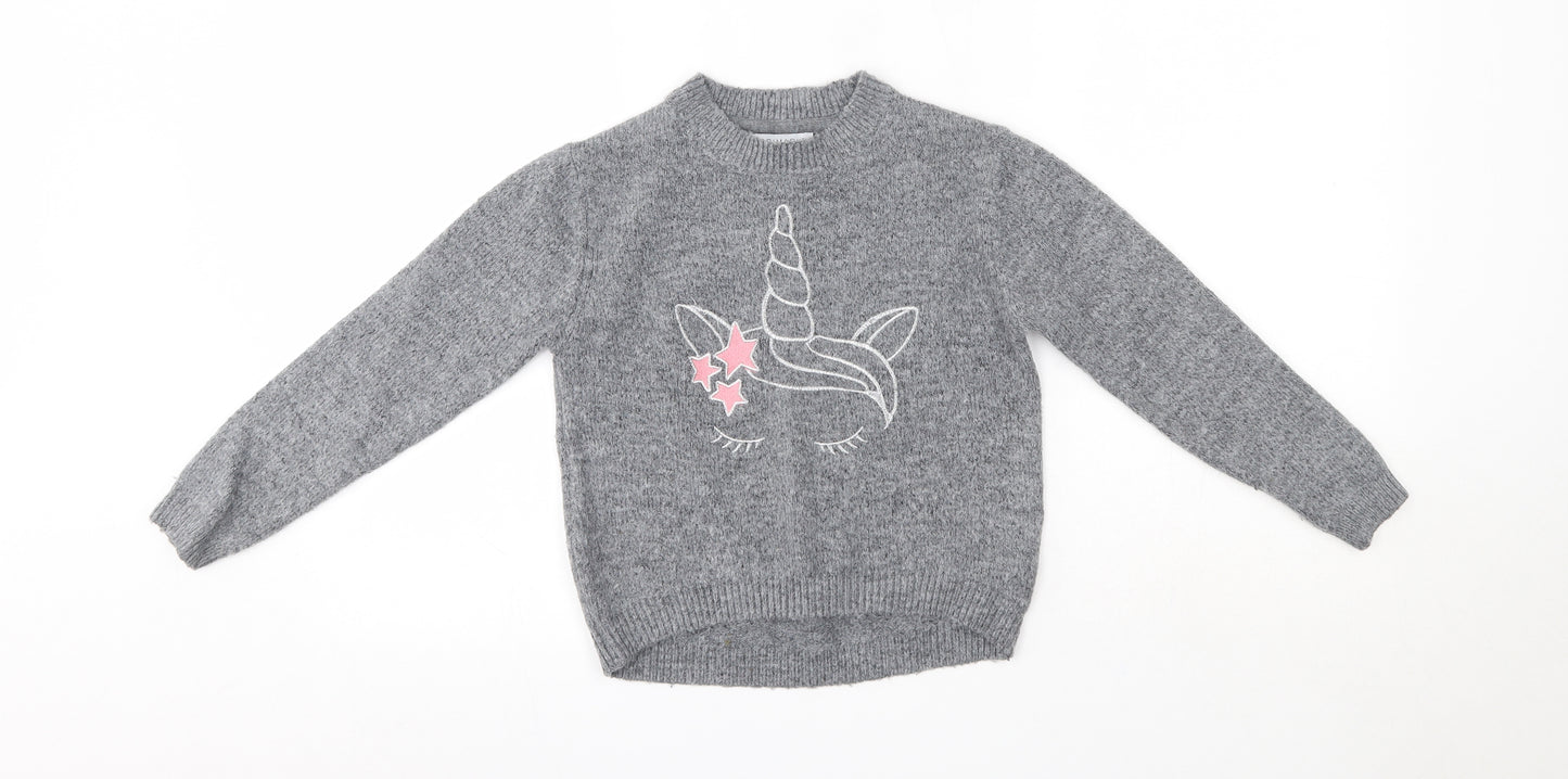Primark Girls Grey Round Neck  Acrylic Pullover Jumper Size 7-8 Years