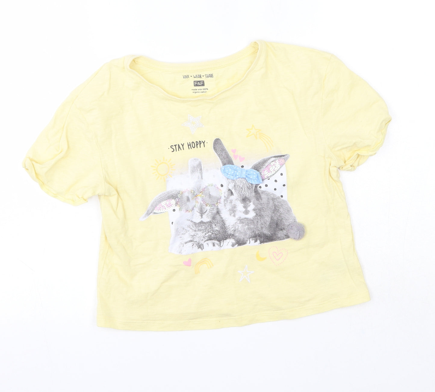 F&F Girls Yellow  Cotton Basic T-Shirt Size 8-9 Years Round Neck  - Rabbit