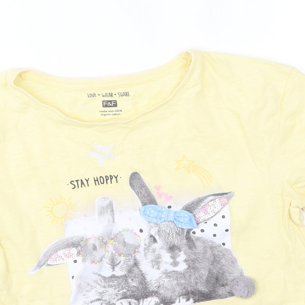 F&F Girls Yellow  Cotton Basic T-Shirt Size 8-9 Years Round Neck  - Rabbit
