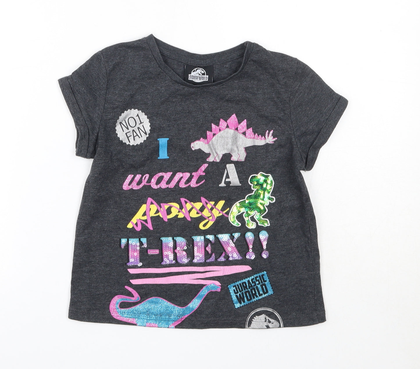 George Girls Grey  Cotton Basic T-Shirt Size 7-8 Years Round Neck  - Jurassic World