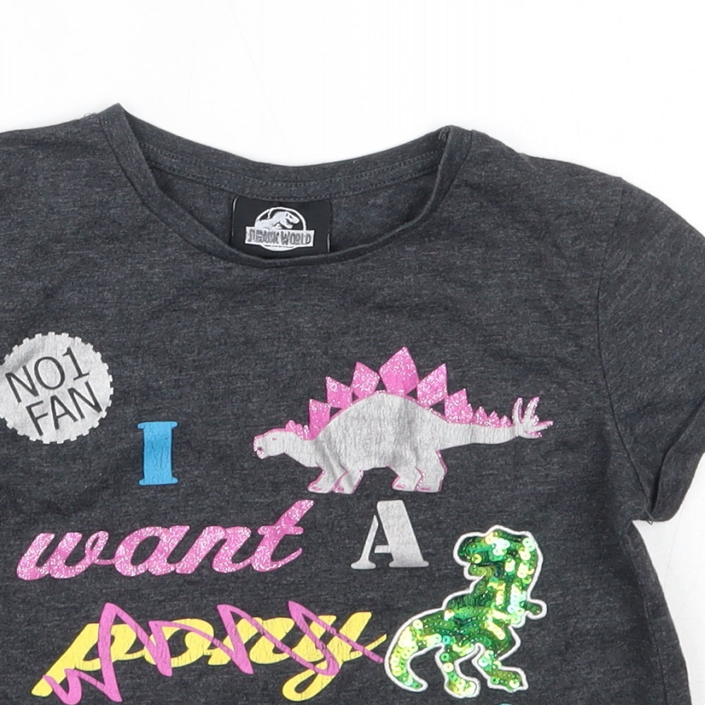 George Girls Grey  Cotton Basic T-Shirt Size 7-8 Years Round Neck  - Jurassic World