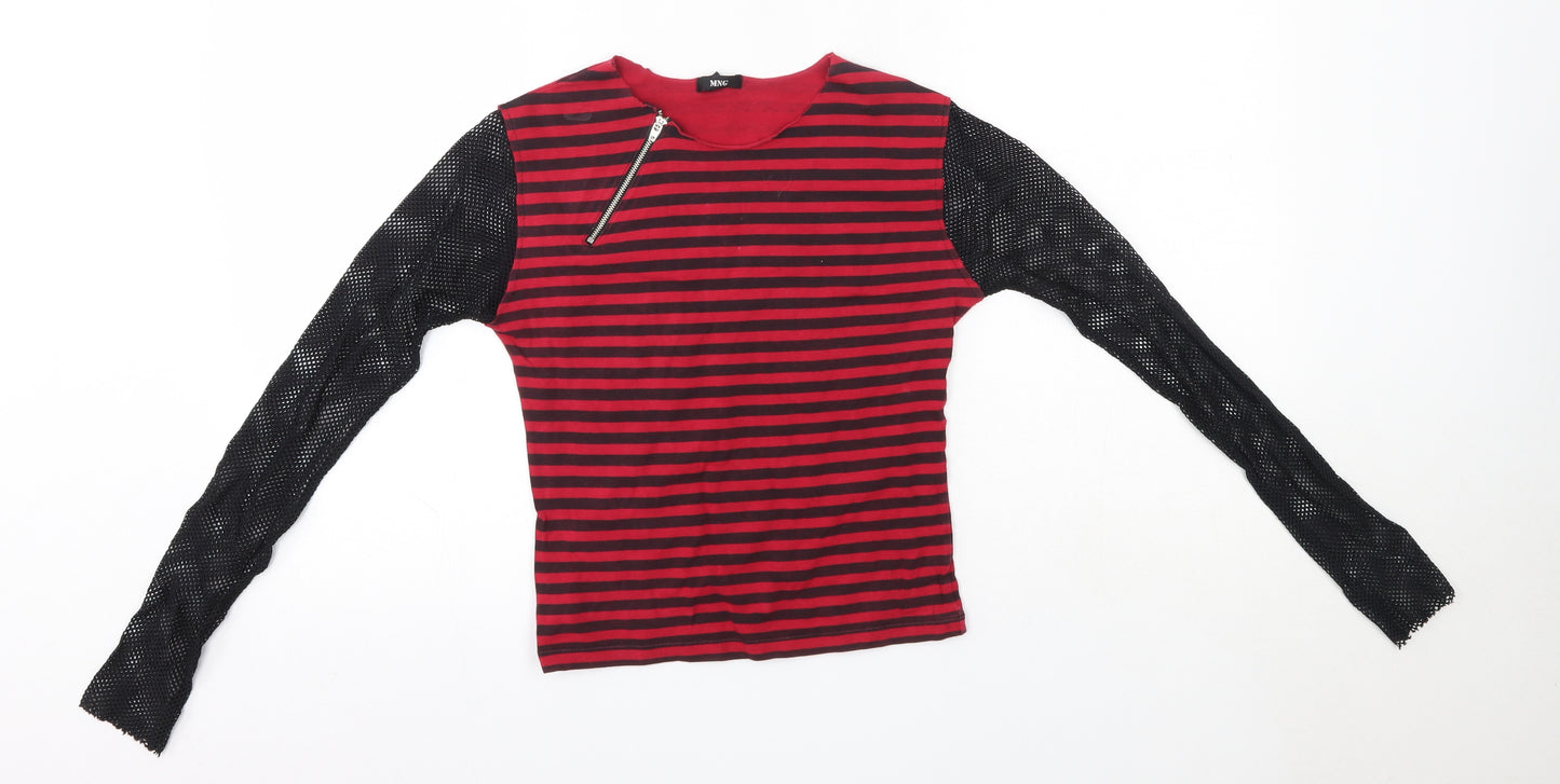 Mango Womens Red Striped Cotton Basic Blouse Size S Round Neck - Mesh Sleeves