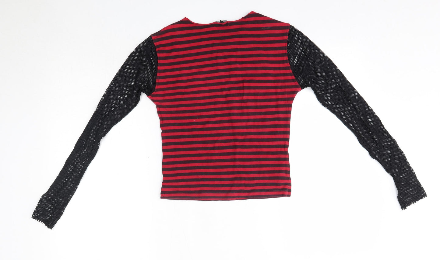 Mango Womens Red Striped Cotton Basic Blouse Size S Round Neck - Mesh Sleeves